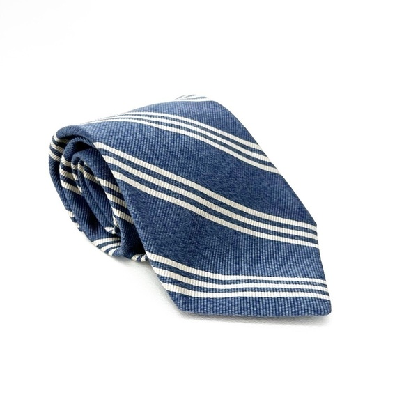Breuer Men’s Necktie Silk & Cotton Chambray Blue & Cream Triple Striped Tie EUC - Picture 8 of 8